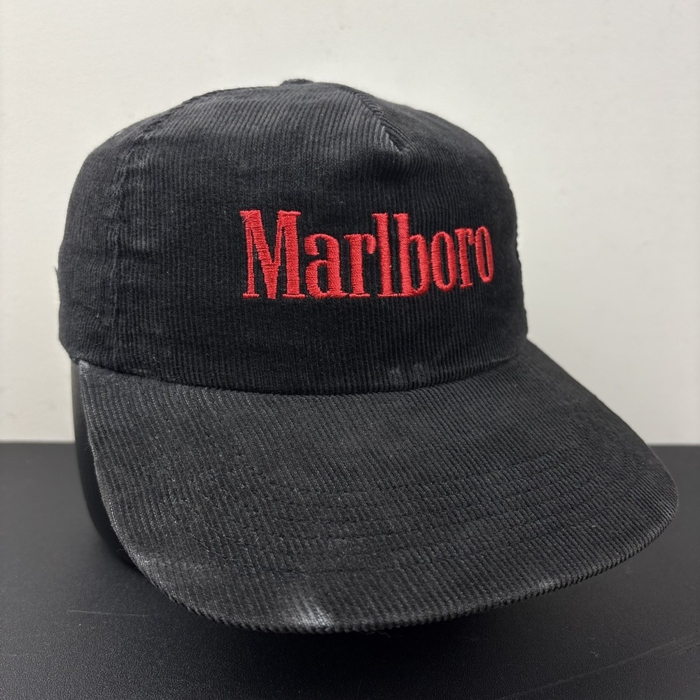 Vintage 90s Marlboro Corduroy Snapback Hat Black Red Logo Made in USA Cap OSFM